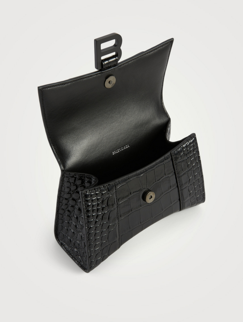 BALENCIAGA XS Hourglass Croc-Embossed Leather Top Handle Bag 