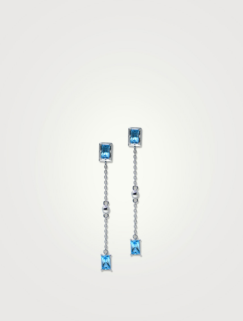 Dew Drop Silver Carré Linear Earrings With Blue Topaz
