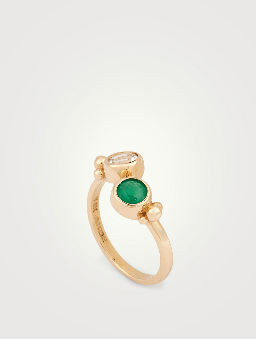Dew Drop 14K Gold Marine Crossover Ring With Emerald And White Topaz