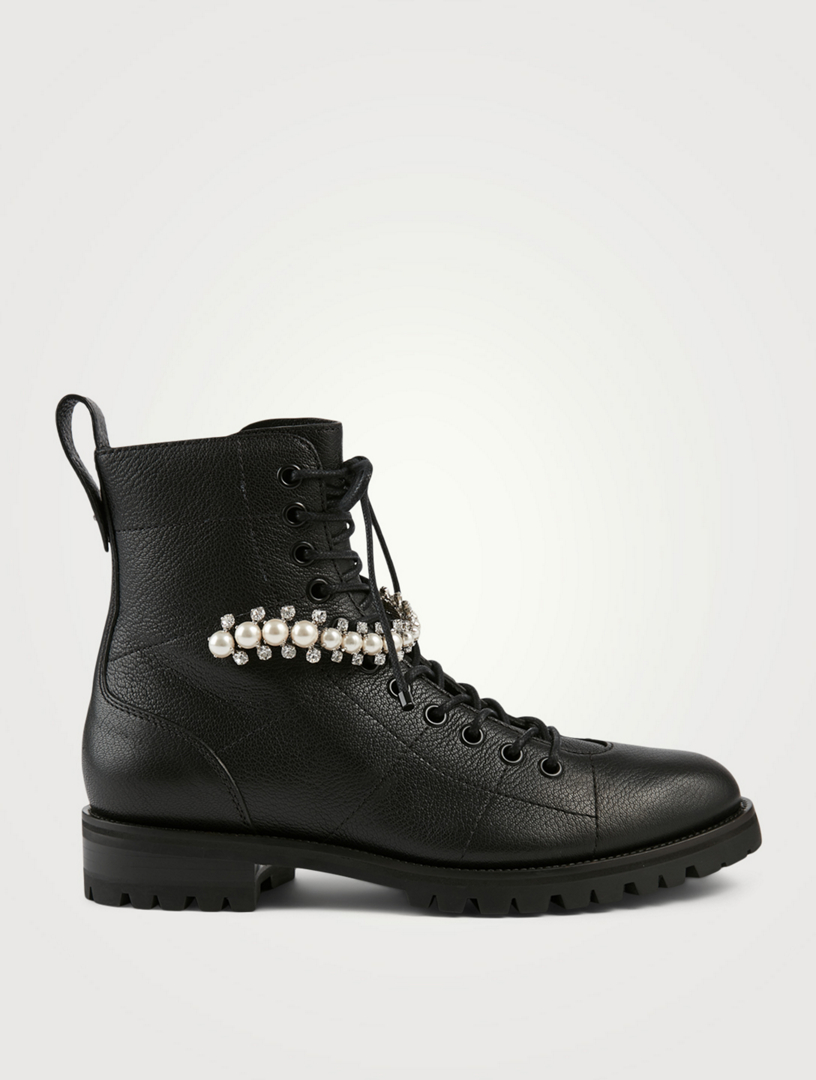 JIMMY CHOO Cruz Leather Combat Boots With Crystal Detail | Holt
