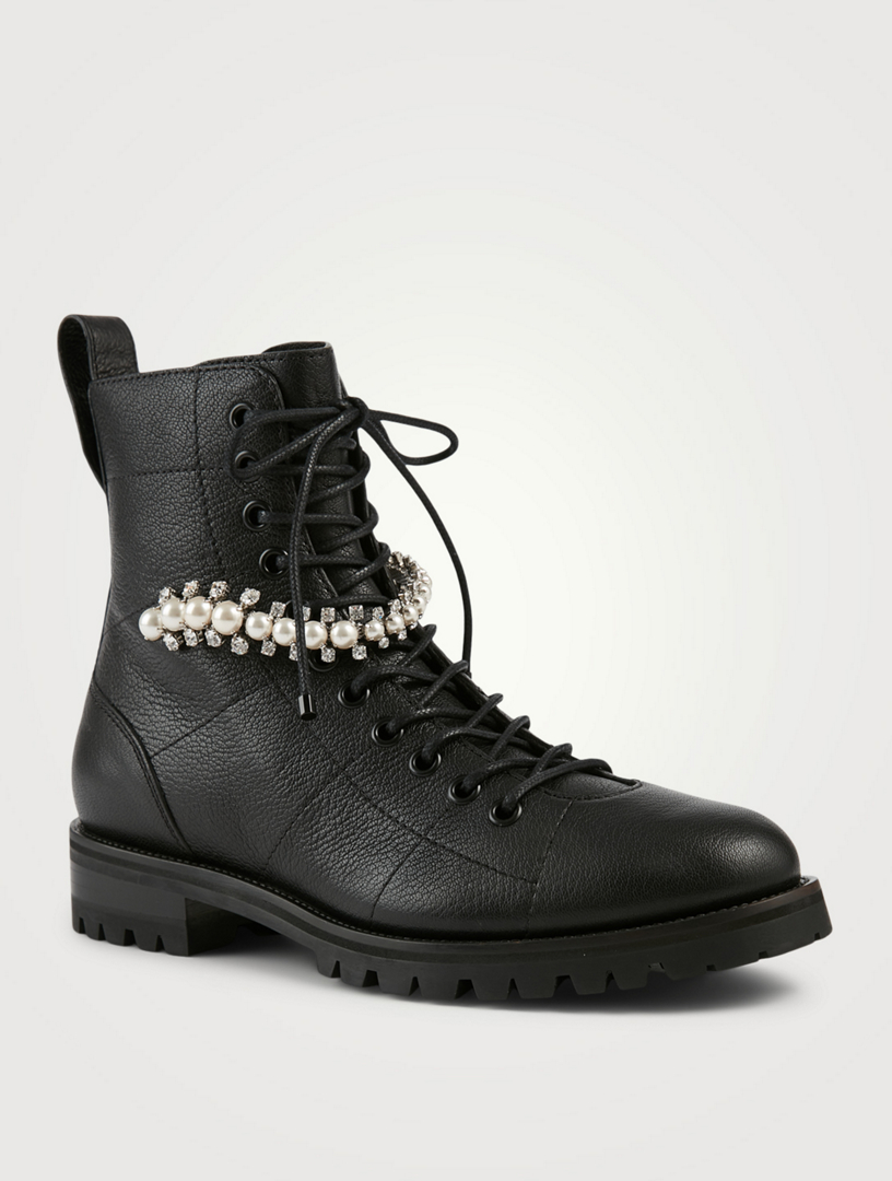 JIMMY CHOO Cruz Leather Combat Boots With Crystal Detail | Holt