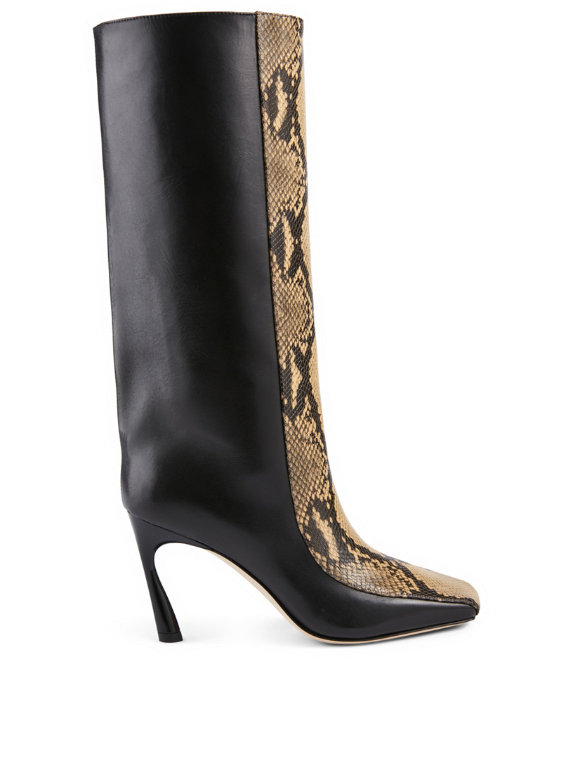 Mabyn 85 Leather Heeled Knee High Boots In Snakeskin Print