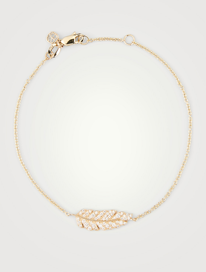 14K Gold Feather Chain Bracelet With Diamonds