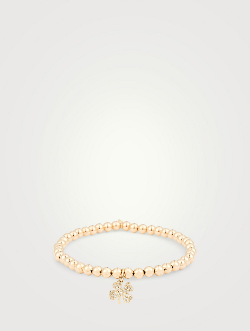 14K Gold Beaded Bracelet With Diamond Clover Charm