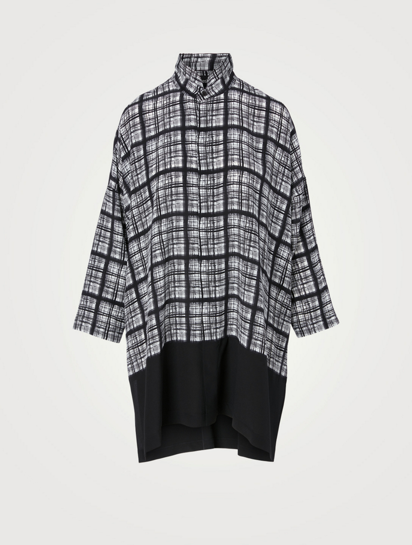 Silk Wide Shirt Plaid Print