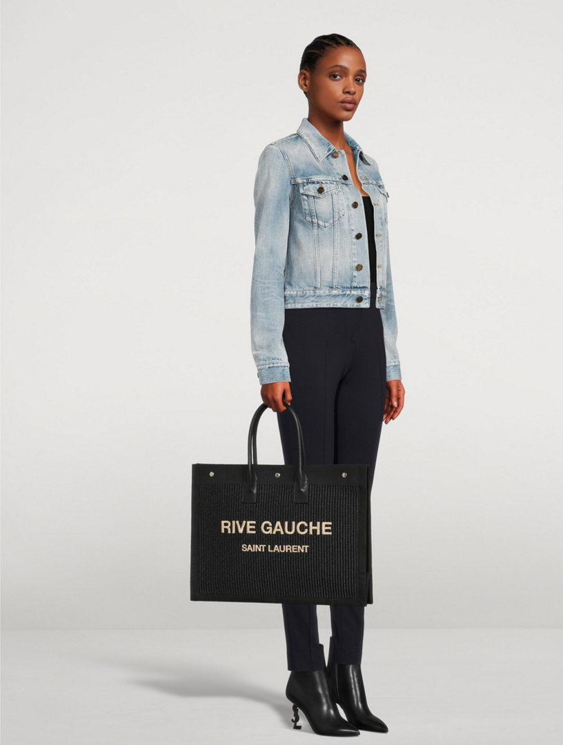 rive gauche large tote bag in embroidered raffia and leather