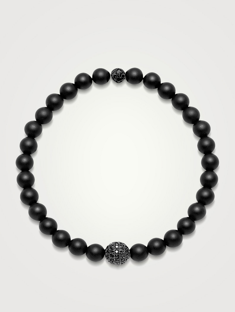 Men's Silver Beaded Bracelet: Onyx & Nylon Woven