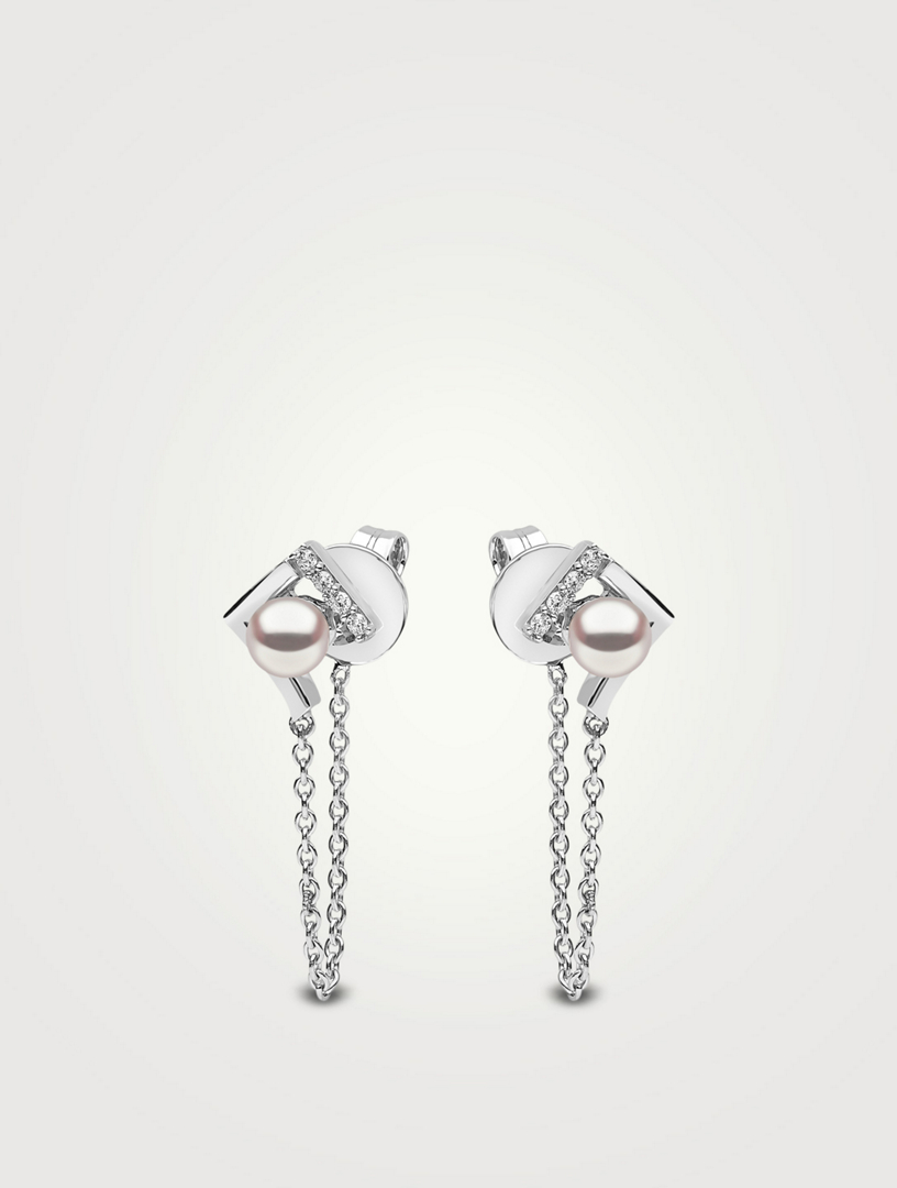 Trend 18K White Gold Pearl Chain Drop Earrings With Diamonds