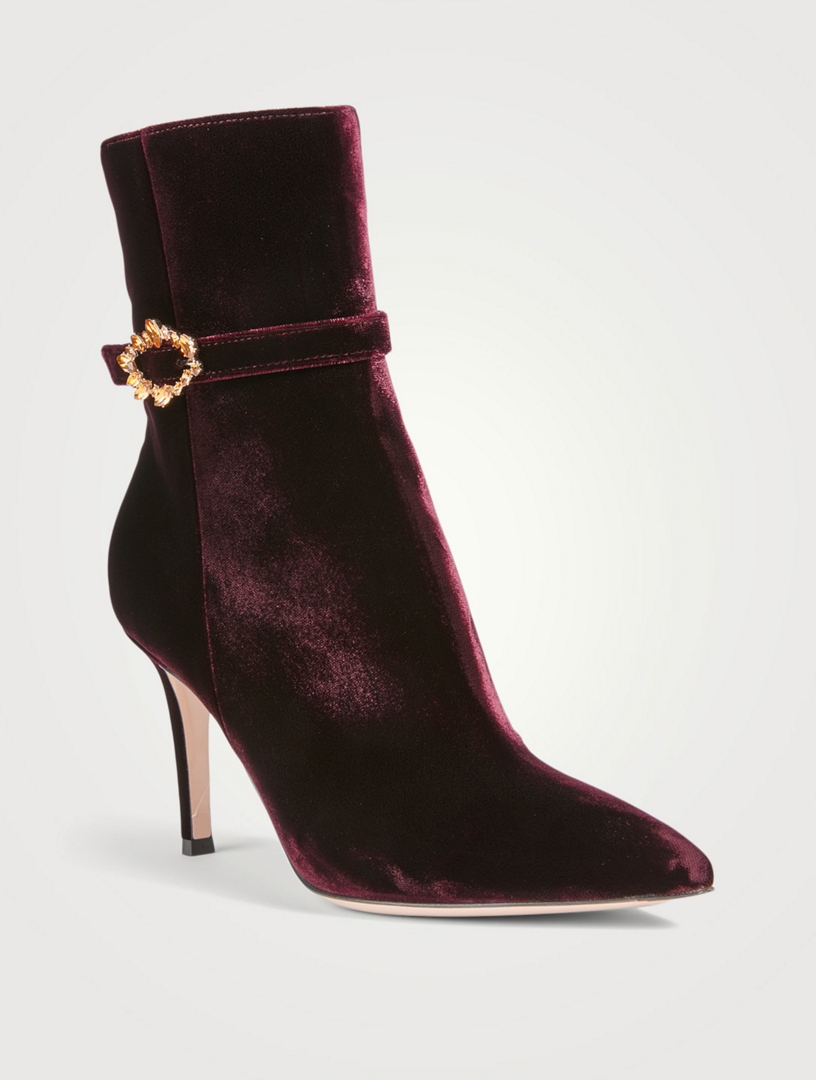Velvet Heeled Ankle Boots With Crystal Buckle