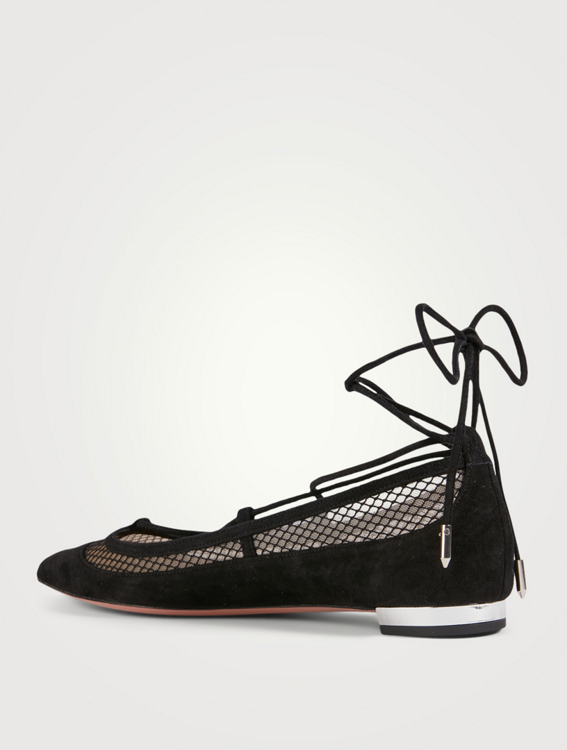 Dalia Suede And Mesh Ankle-Tie Ballet Flats