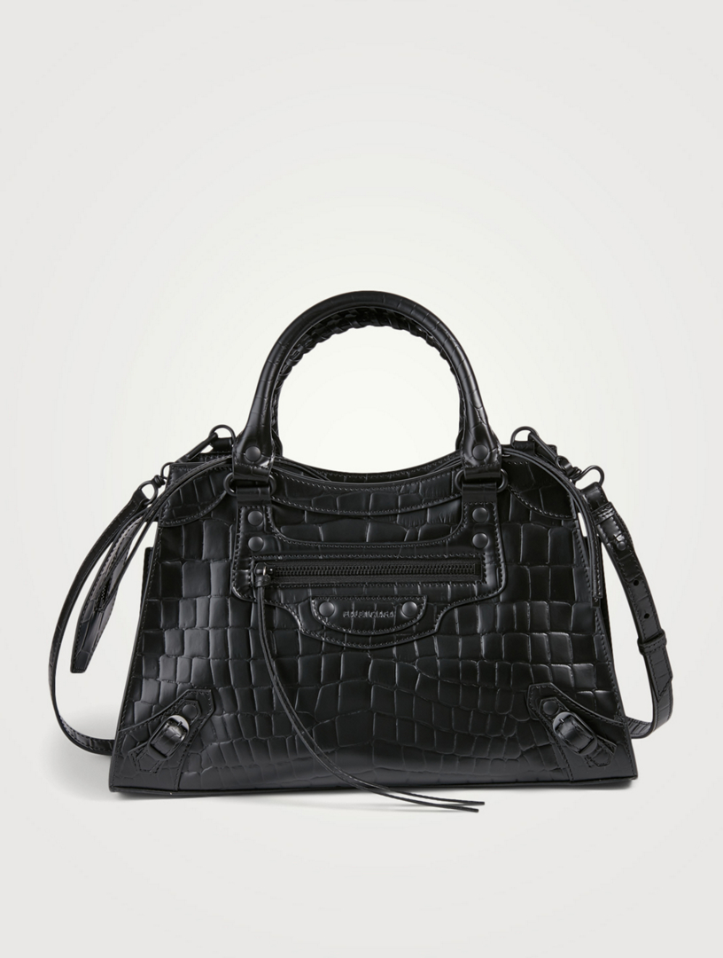 Balenciaga Black Croc Embossed Leather Mini GH Classic City Bag