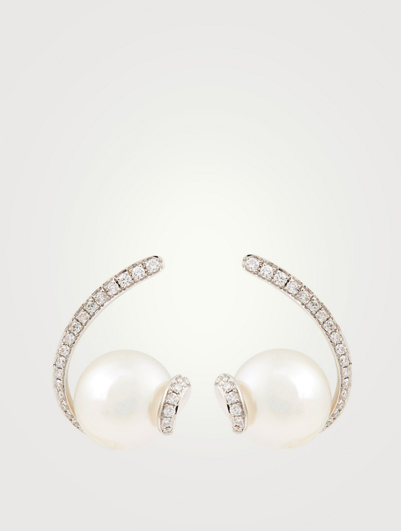 18K White Gold Curve Earrings With Pearls And Diamonds