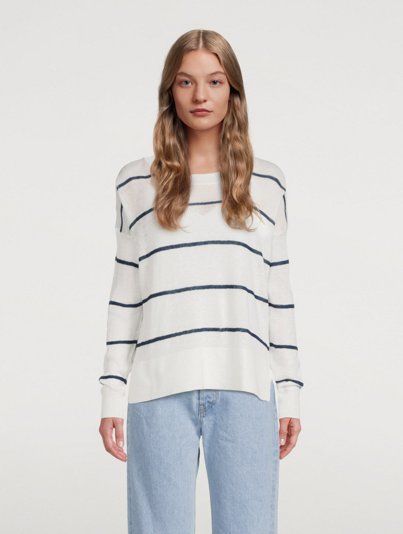 Linen Crewneck Sweater Striped Print