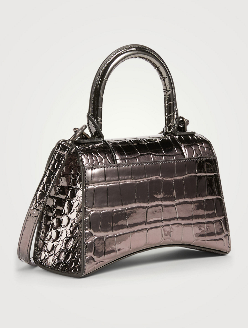 BALENCIAGA XS Hourglass Metallic Croc-Embossed Leather Top Handle Bag ...