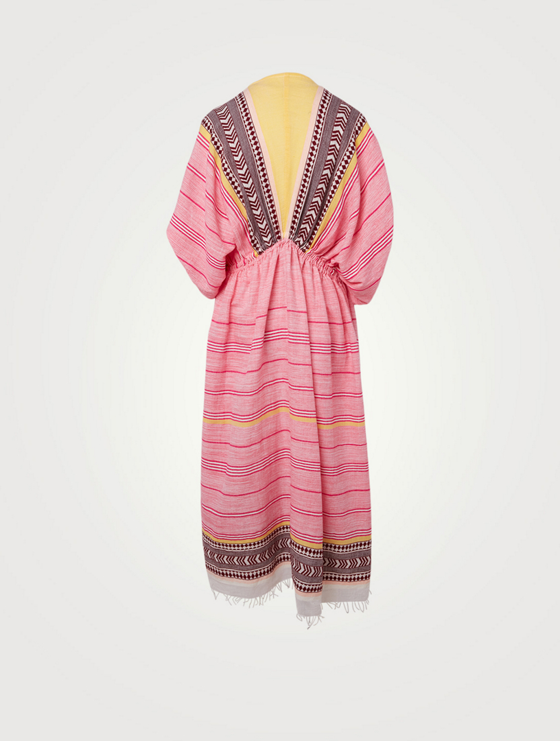 Neela Cotton Plunge Neck Midi Dress Striped Print