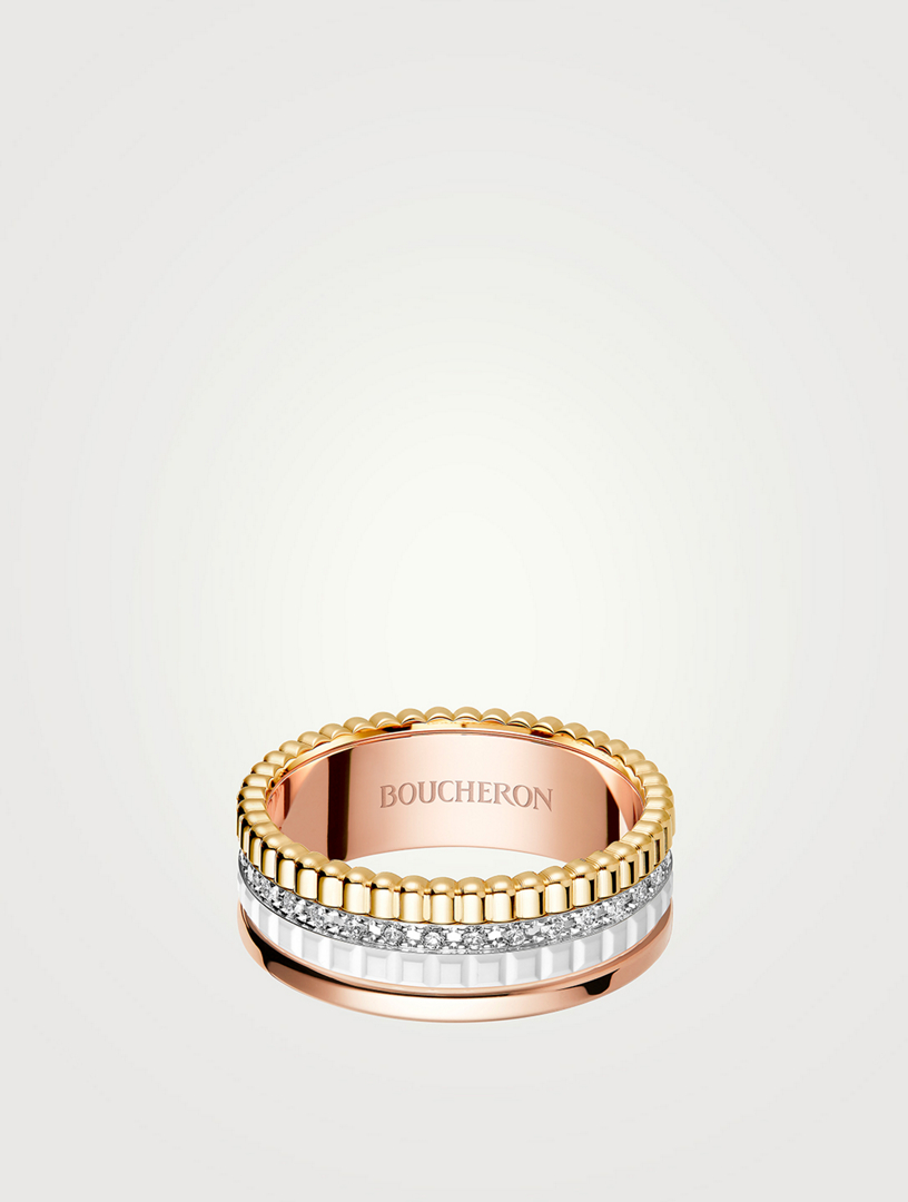 Small White Edition Quatre Gold Ring With White Ceramic And Diamonds