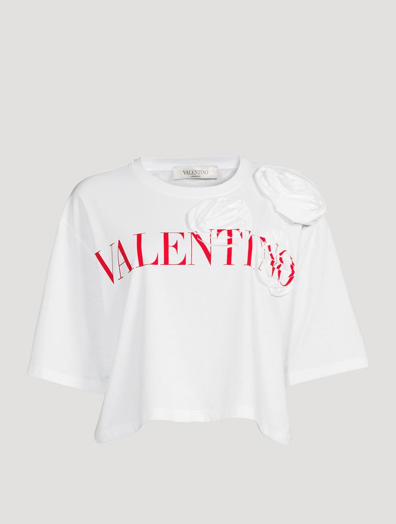 トップス 155 VALENTINO lace logo tee white red S VALENTINO Cropped Logo T-Shirt With Lace | Holt Renfrew