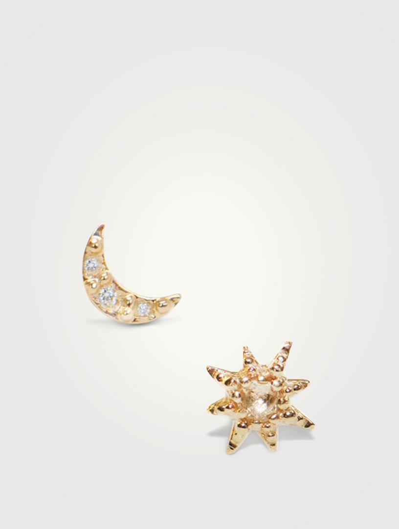 Aztec Gold Moon Crescent And Starburst Mix Stud Earrings With White Topaz And Diamonds