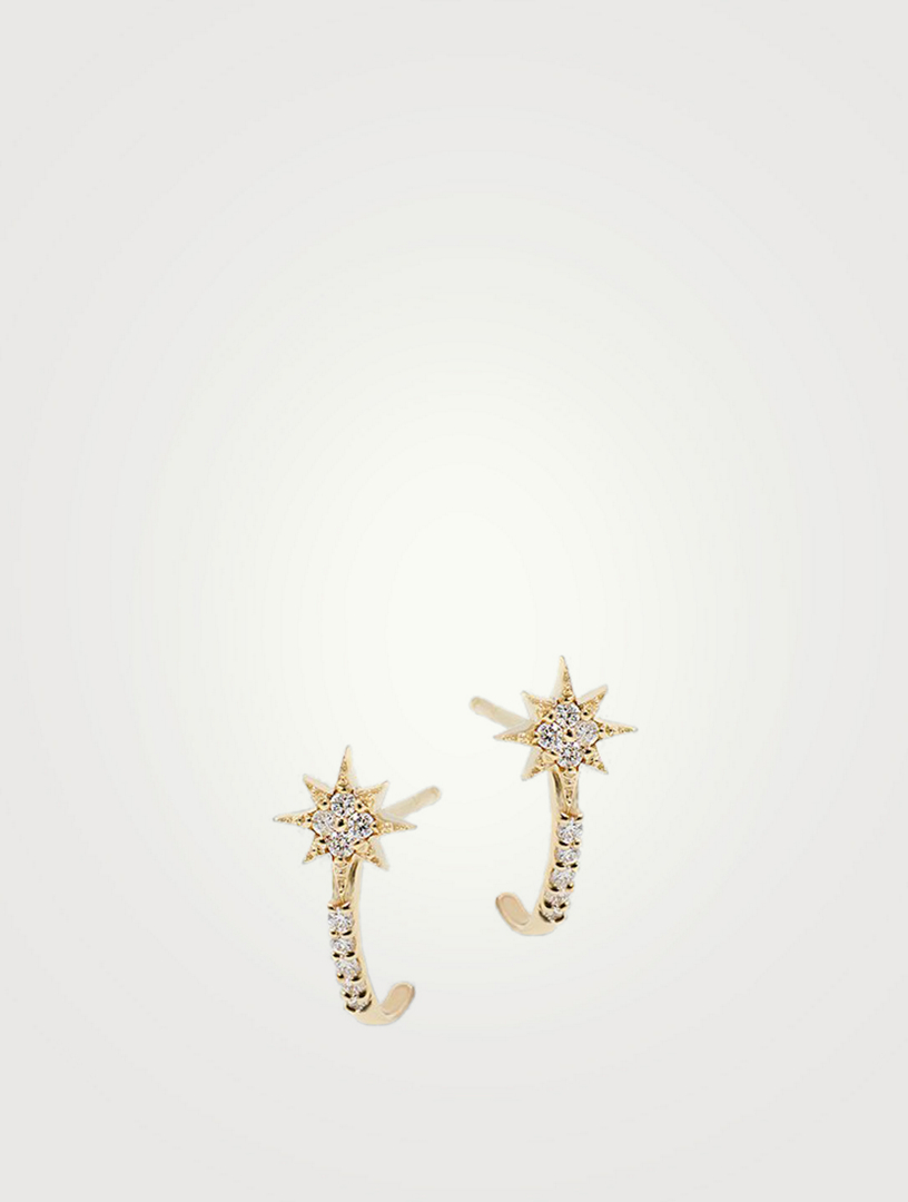 Aztec 14K Gold Micro North Star Half Hoop Earrings With Diamonds