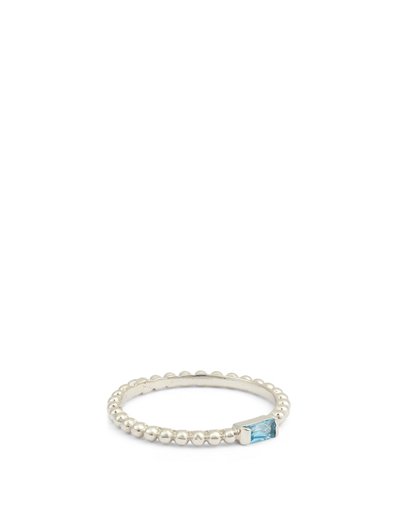 Dew Drop Silver Baguette Stackable Ring With Blue Topaz