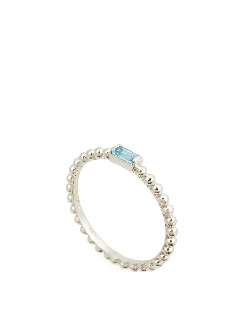 Dew Drop Silver Baguette Stackable Ring With Blue Topaz