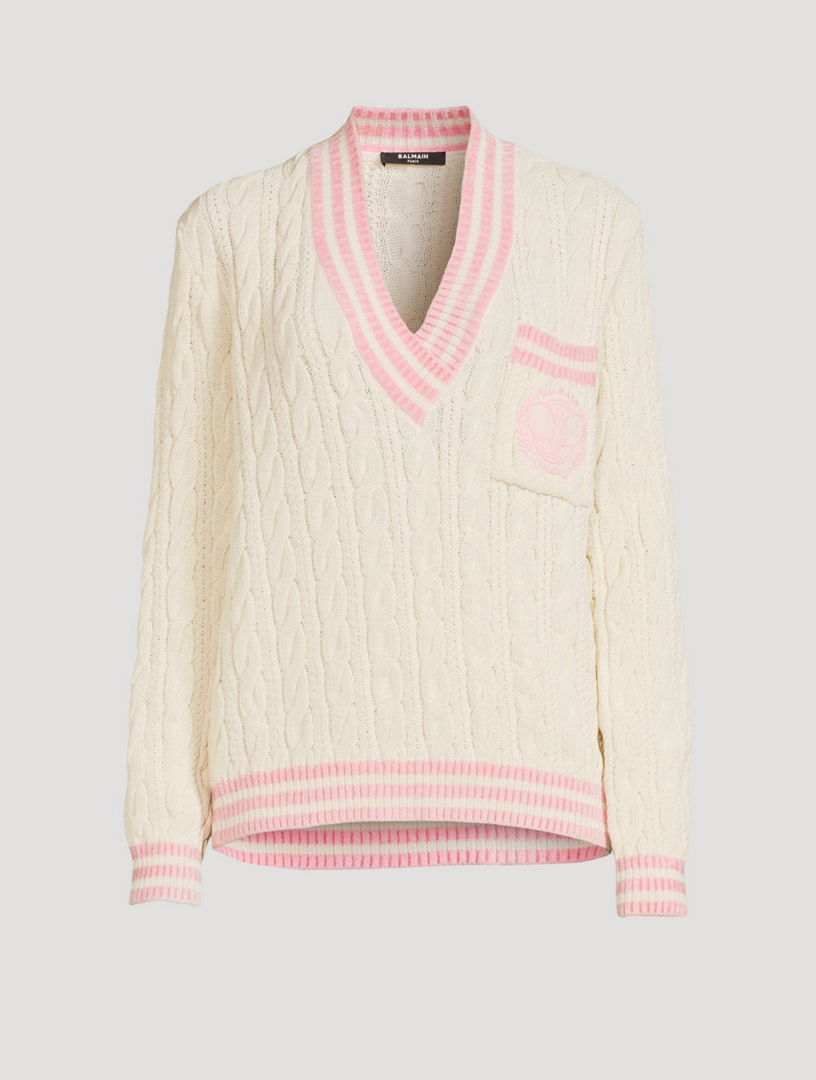 Wool-Blend Cable Knit Sweater With Patch