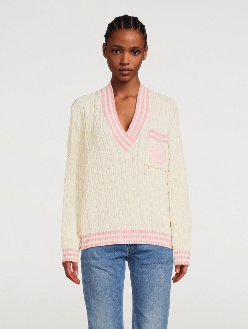 Wool-Blend Cable Knit Sweater With Patch