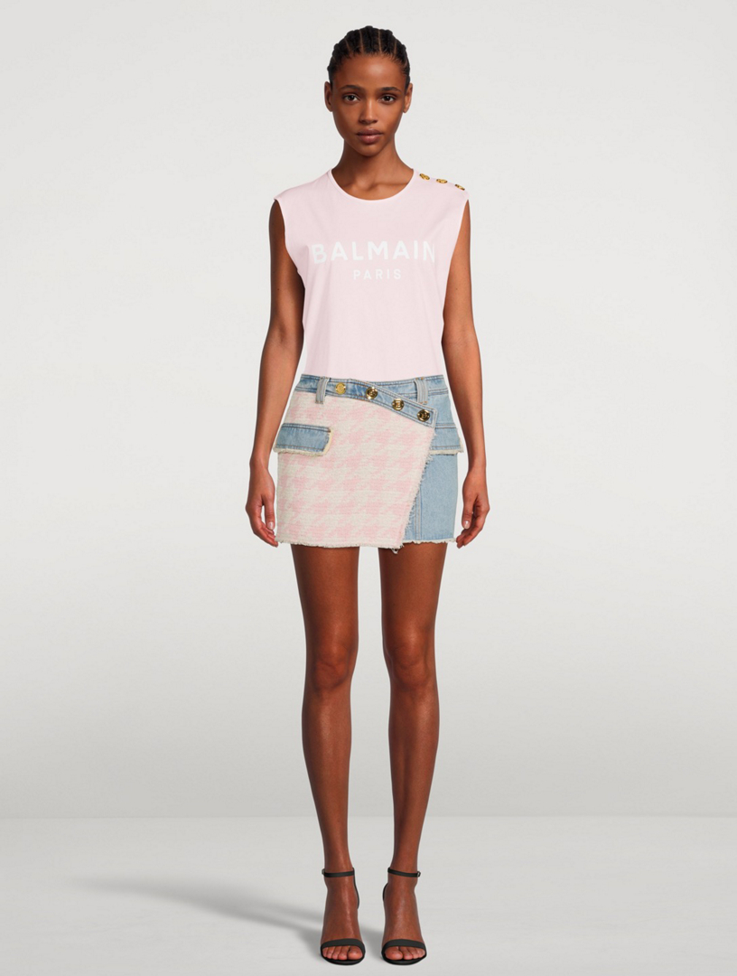 BALMAIN Tweed And Denim Mini Skirt Holt Renfrew