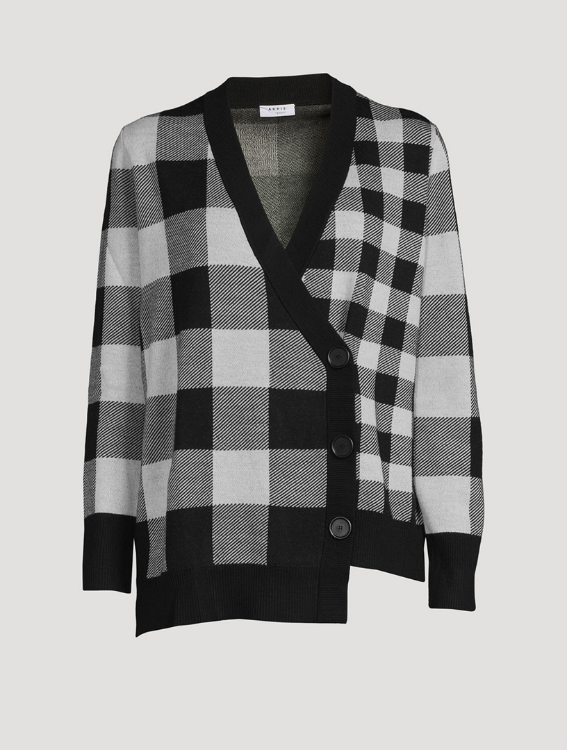 Asymmetric Jacquard Check Virgin Wool Cardigan