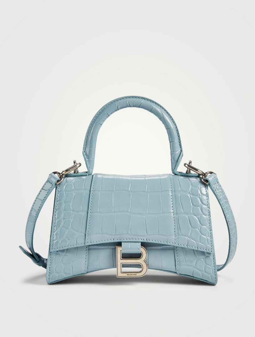 Balenciaga Hourglass Top Handle Bag Crocodile Embossed Leather Small Blue