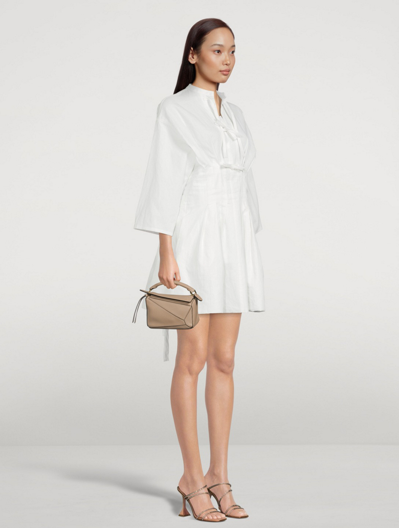 chinese dress ladies Loewe White Creme Linen Dress with Circular Leather Stencil Detail and –  PauméLosAngeles