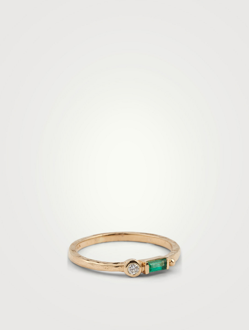 Cléo Gold Baguette Stackable Ring With Emerald And Diamond