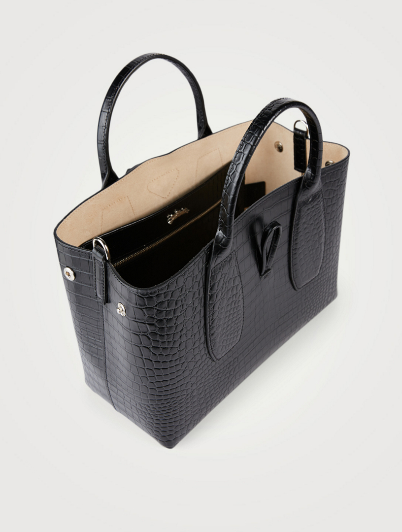 Longchamp Black Crocodile Embossed Leather Roseau Tote Longchamp