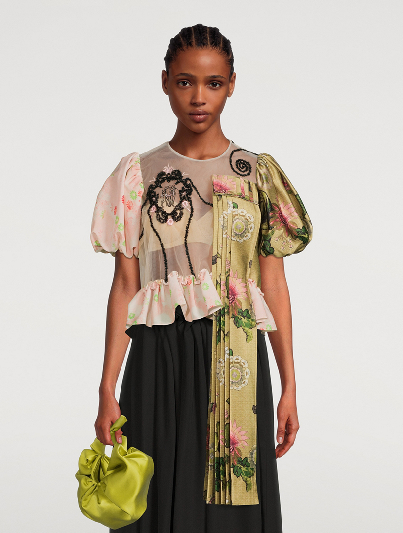 Puff-Sleeve Blouse With Pleated Patch