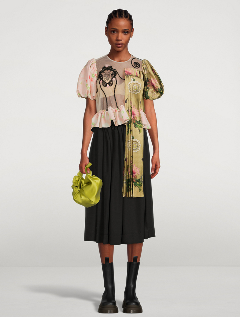 Puff-Sleeve Blouse With Pleated Patch