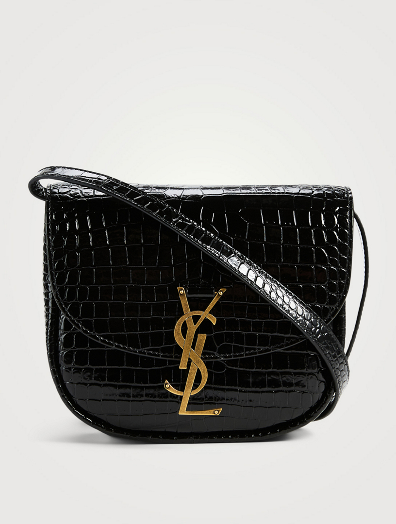 Saint Laurent Kaia Croc Embossed Leather Crossbody Bag in Black