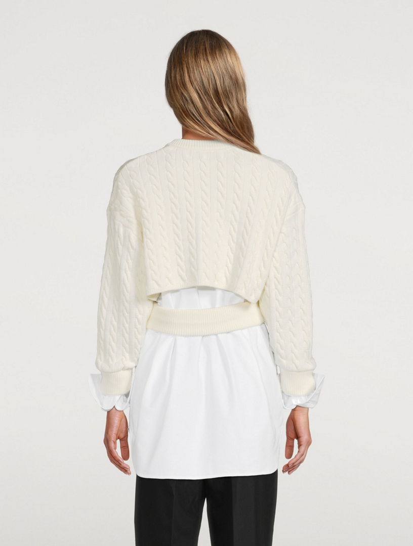 Cotton Oxford And Wool Cable Knit Layered Top