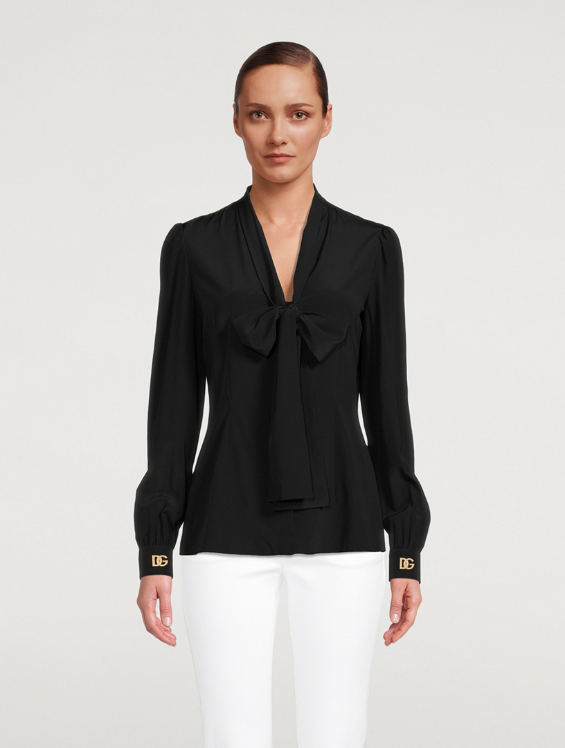 Crepe de Chine Pussy-Bow Blouse With Crystal Logos