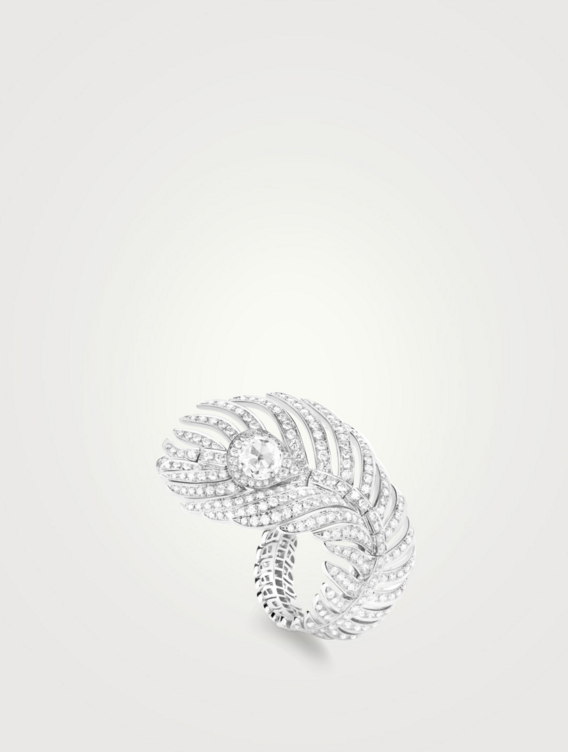Large Plume De Paon White Gold Ring With Diamonds
