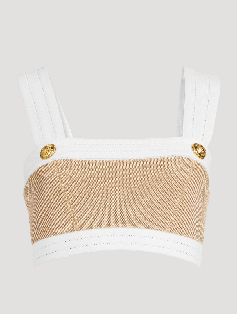Goldtone-Button Sleeveless Crop Top