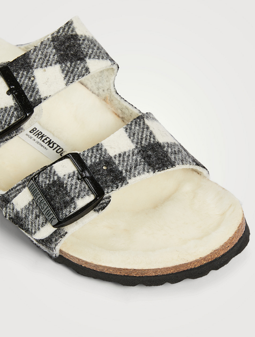 Arizona Shearling-Lined Wool Slide Sandals Plaid Print