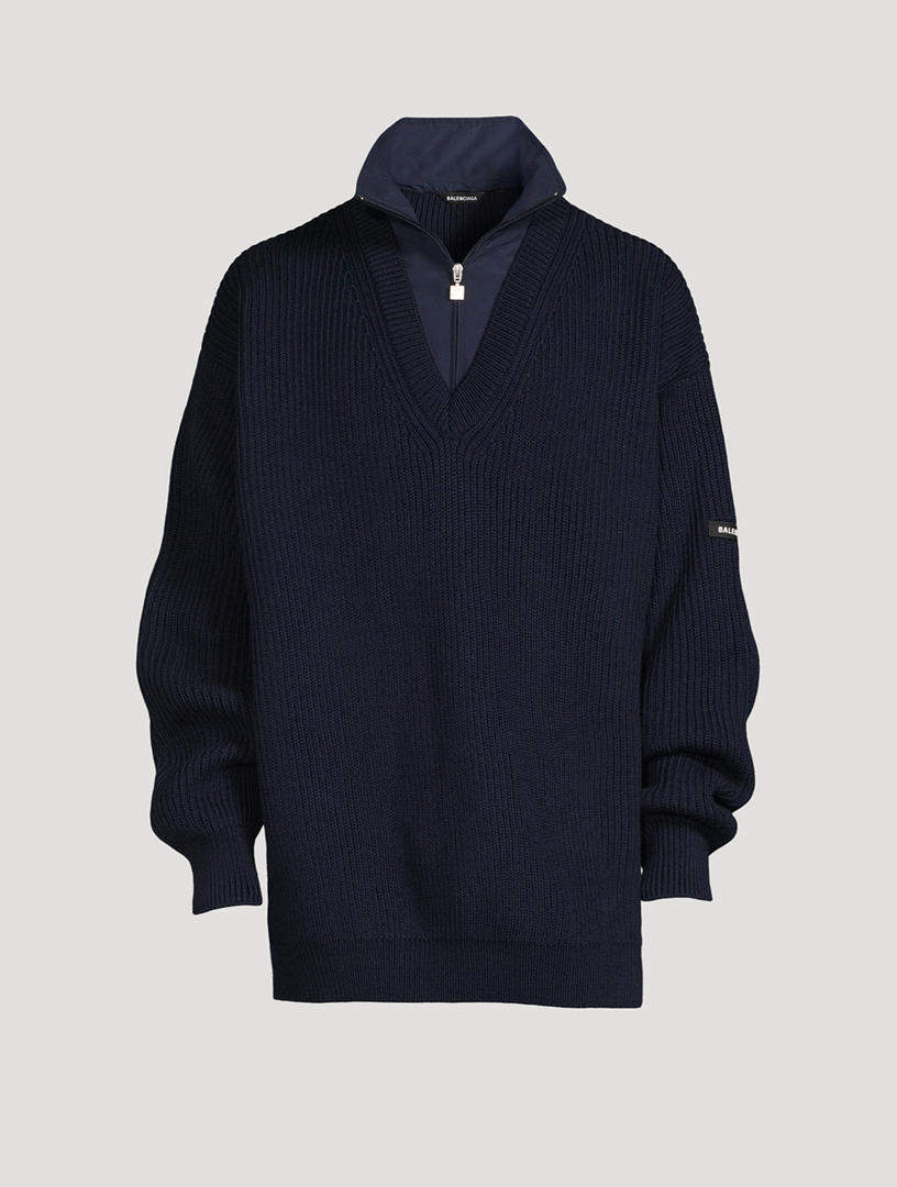 BALENCIAGA Wool Ribbed Knit Layered V-Neck Track Sweater | Holt