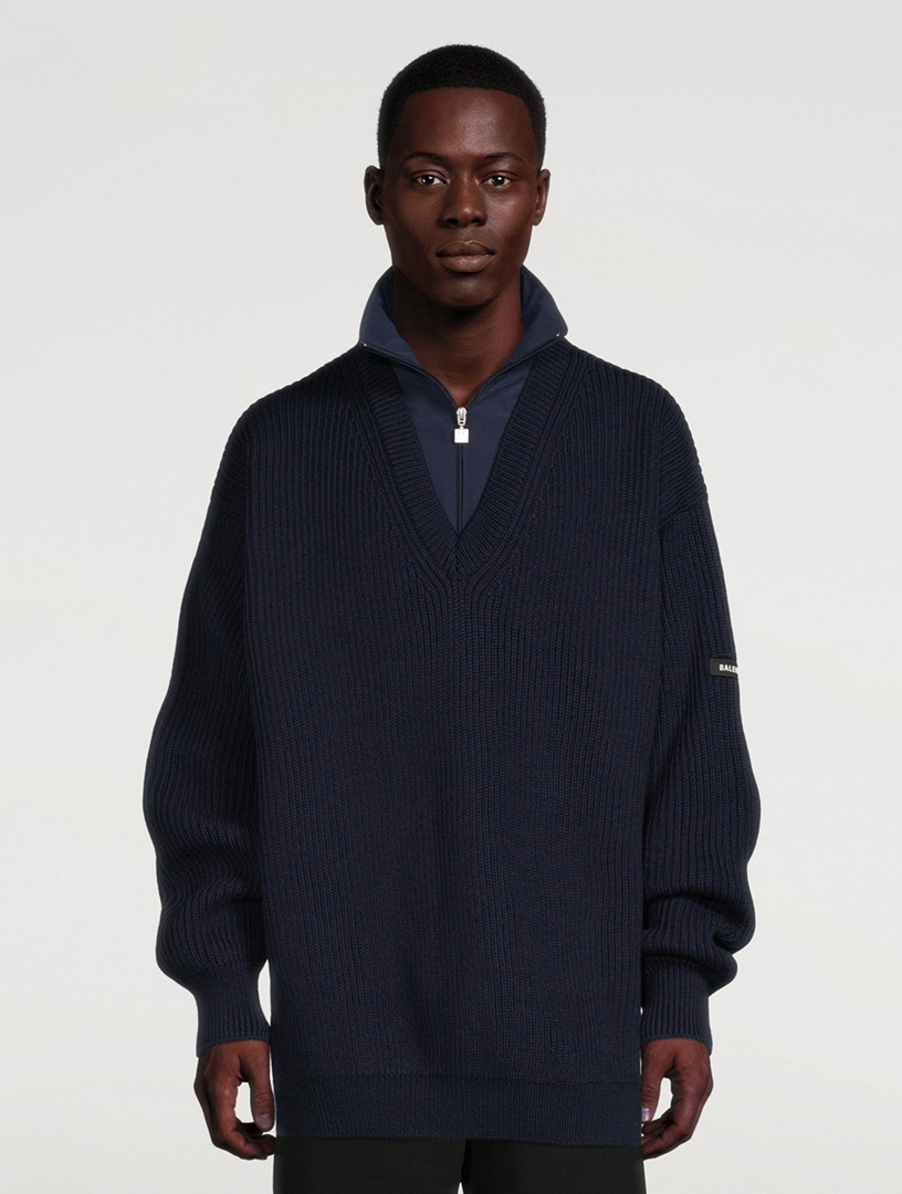BALENCIAGA Wool Ribbed Knit Layered V-Neck Track Sweater | Holt 