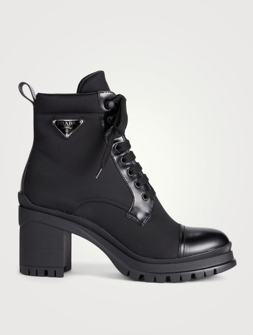 PRADA Re-Nylon And Leather Lace-Up Heeled Combat Boots | Holt Renfrew