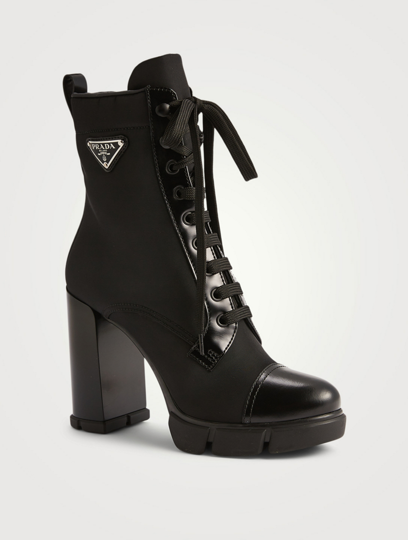 PRADA Monolith Re-Nylon And Leather Lace-Up Heeled Ankle Boots