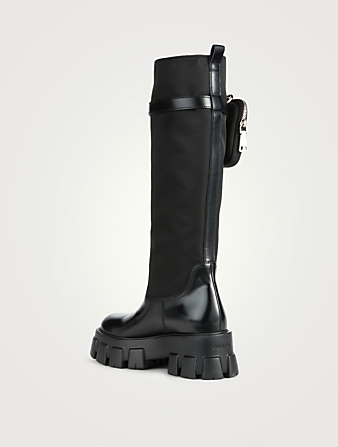 PRADA Monolith Re-Nylon Gabardine And Leather Platform Knee-High Boots With Logo Pouch  Black