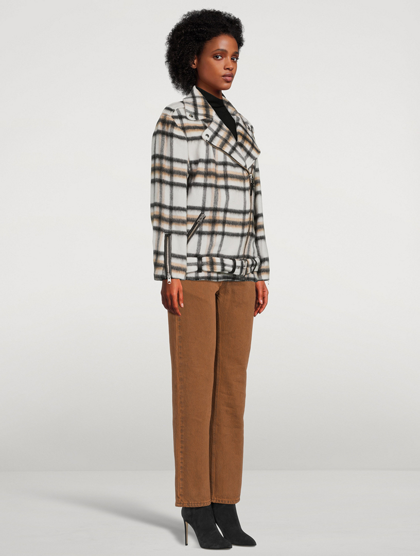 Wool And Mohair Belted Biker Jacket Plaid Print