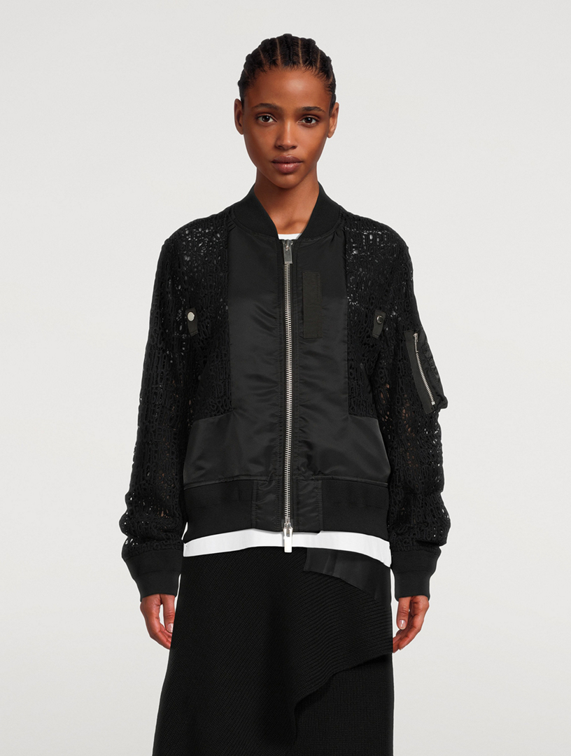 Message Embroidered Lace Bomber Jacket