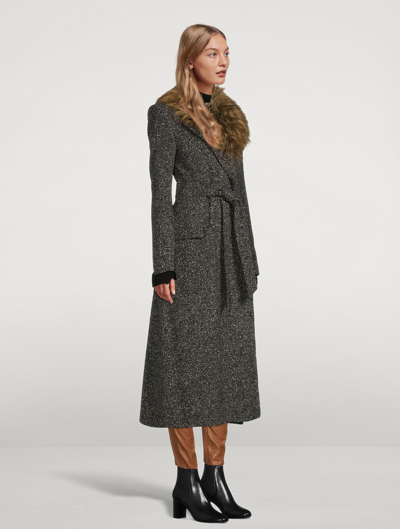 Belt Coat With Detachable Faux Fur Collar