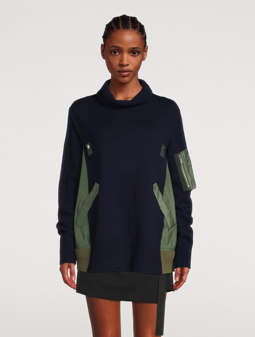 Wool Twill Mix Turtleneck With Pleated back